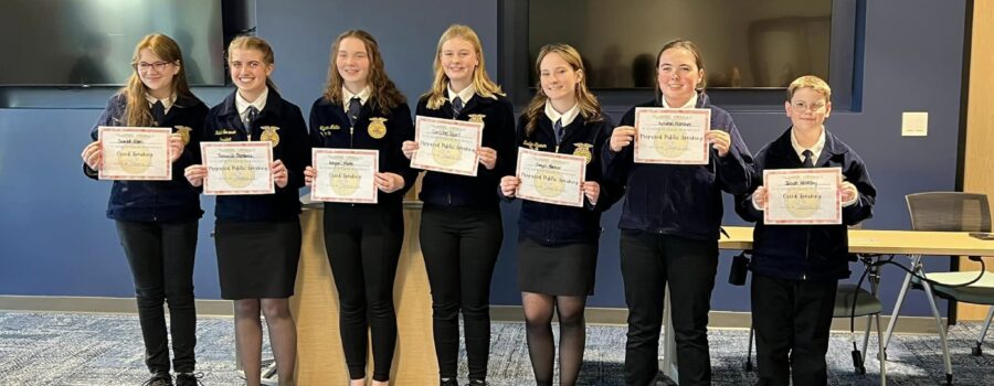 Southside FFA Federation Public Speaking Contest Award Recipients. Evelyn Farmer pictured 3rd from the right.