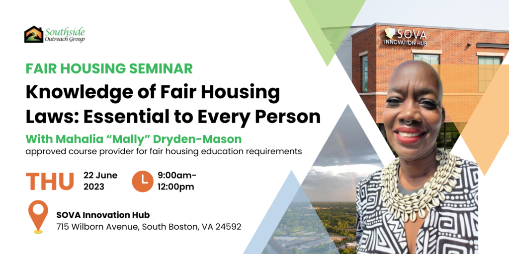 fair housing seminar event information and photo of speaker with SOVA Innovation Hub and downtown South Boston Virginia
